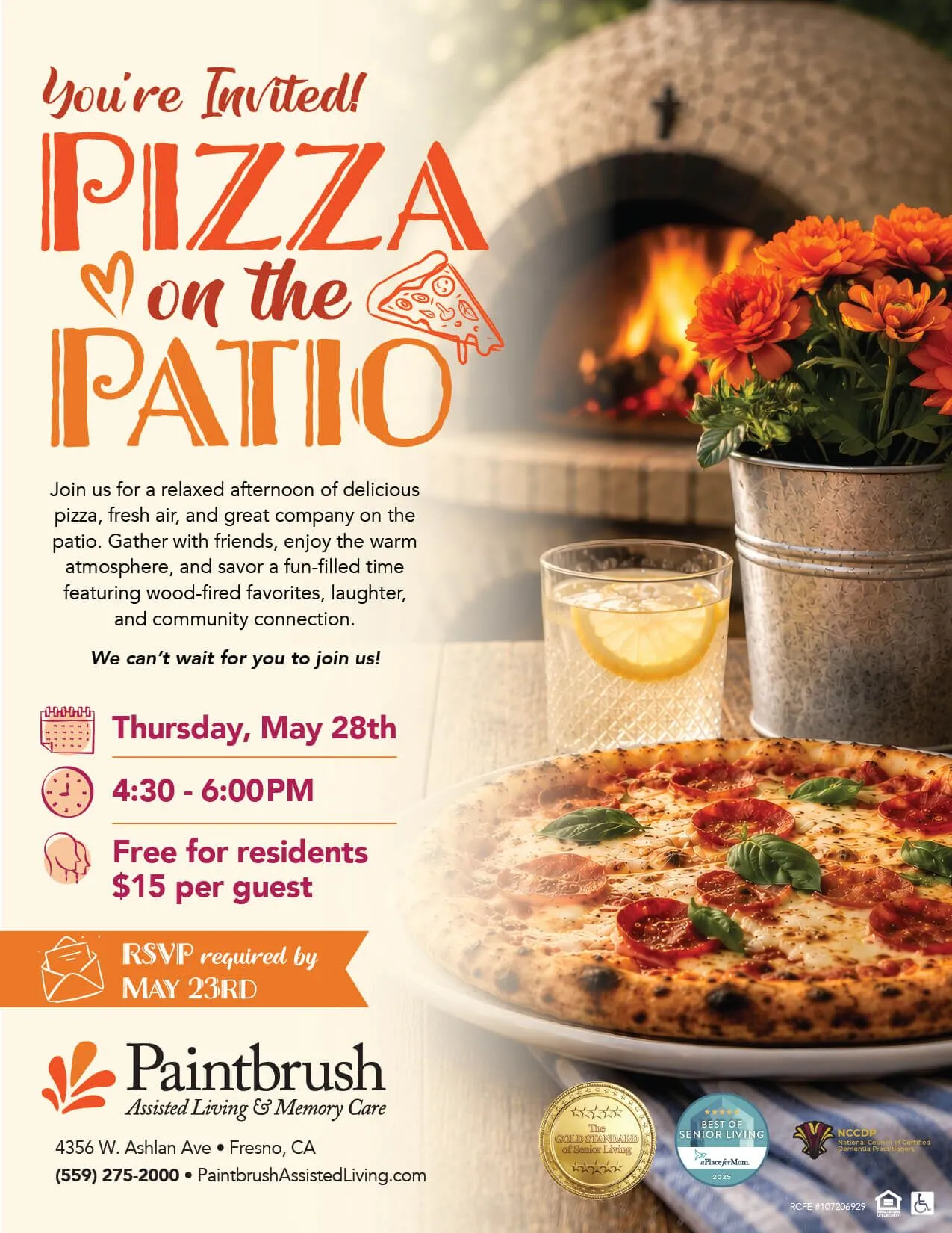 You're Invited for Pizza on the Patio | May 28, 2026 Paintbrush Assisted Living & Memory Care
